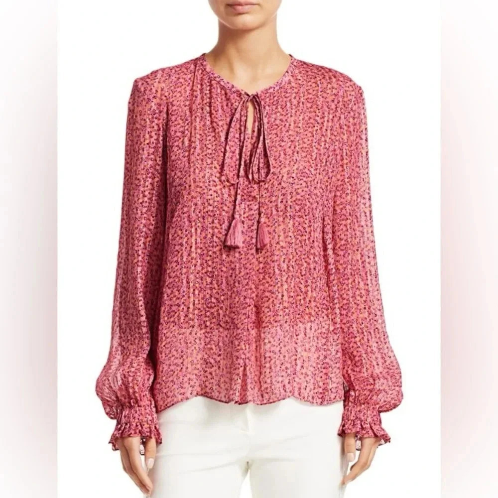 Derek Lam 10 Crosby pink floral sheer silky peasant blouse metallic Size 4